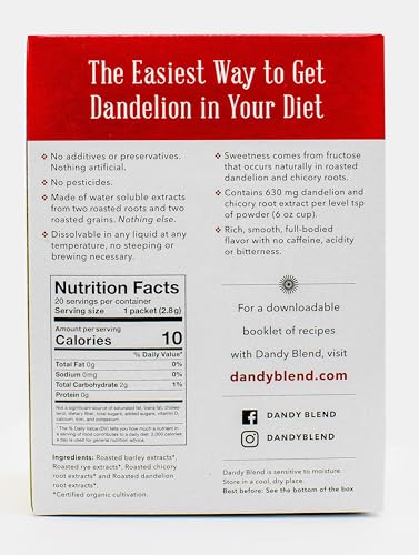 20 Organic Individual Servings of Organic Dandy Blend Instant Herbal Beverage Powder with Dandelion (2 Ounce)