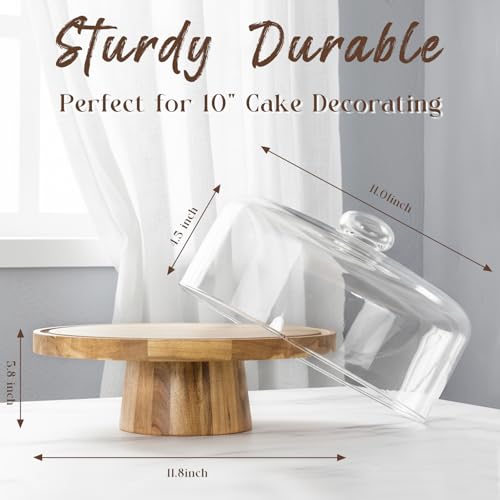 12 Inch Acacia Wood Cake Stand with Glass Lid