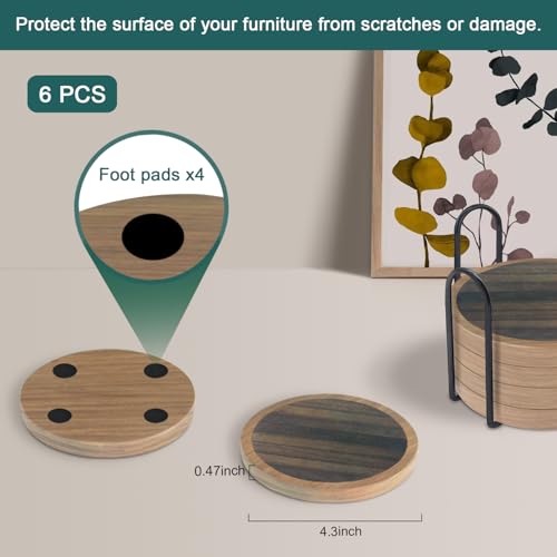 6 Pack Absorbent Coasters Set with Holder Wood Coasters for Drinks Housewarming Gifts for Home Decoration Cup Coasters for Coffee Tabletop Protection 4.3 Inch