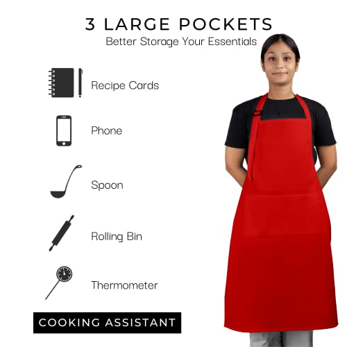 Bulk Apron Women Men with Pockets Cotton Kitchen Cooking Chef Aprons Red 35x27 Inches Set of 10 (10 Count)