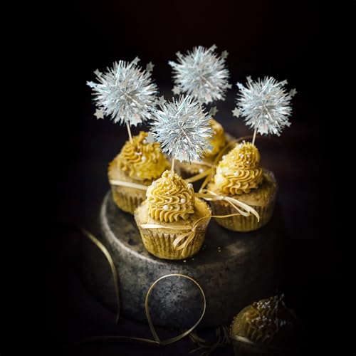 30Pcs Foil Firework Cupcake Toppers Party Birthday Cake Toppers Supplies Sparkle Tinsel Cocktail Fruit Toothpick for Birthday Wedding Graduation Party Silver (30 Count)