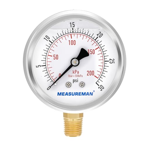 2-1/2inch Dial Size, Oil Filled Pressure Gauge, 0-30psi/kpa, 304 Stainless Steel Case, 1/4 inchNPT Lower Mount