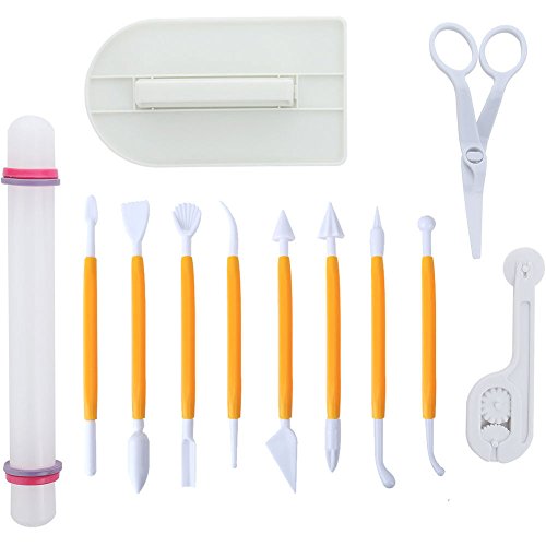 Marshmallow Fondant Cake Decorating Hand Tool 12 Pcs 5 Sets Sugar craft Gum paste Icing Smoother Rolling Pin Trimmer Cutter Embosser Flower Scissor Modelling Accessories Supplies Kit Yellow (12 Count)