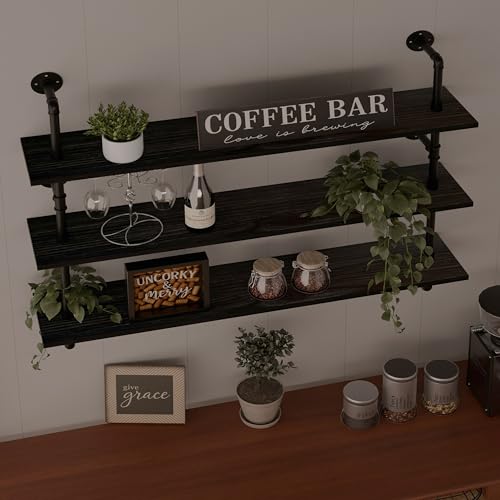Industrial Pipe Shelving Rustic Black Wall Shelves with Wood Planks Industrial Floating Shelves 48 Inch 3 Tier Farmhouse Bookshelf Pipe Shelves Wall Mounted