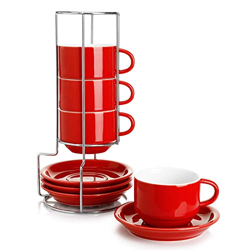 8 Ounce Porcelain Stackable Cappuccino Cups with Saucers and Metal Stand