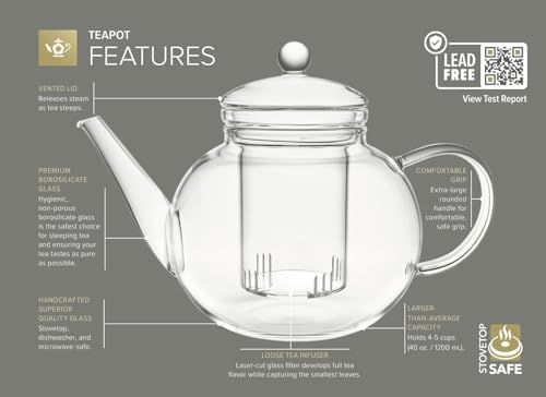 Stovetop & Microwave Safe Glass Teapot with Removable Loose Tea Glass Infuser