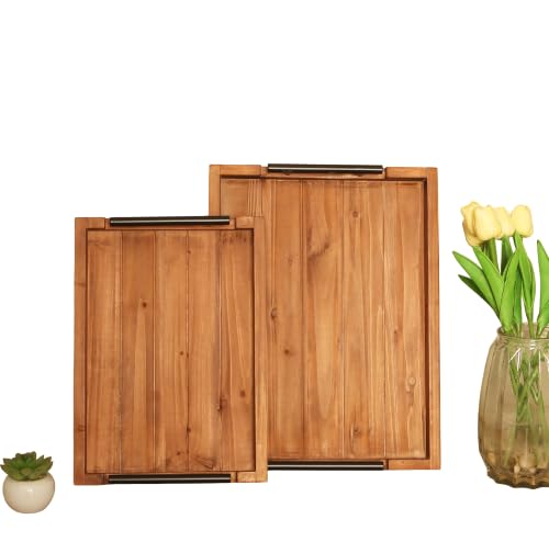 2Pc Nested Vintage Wooden Serving Tray Set