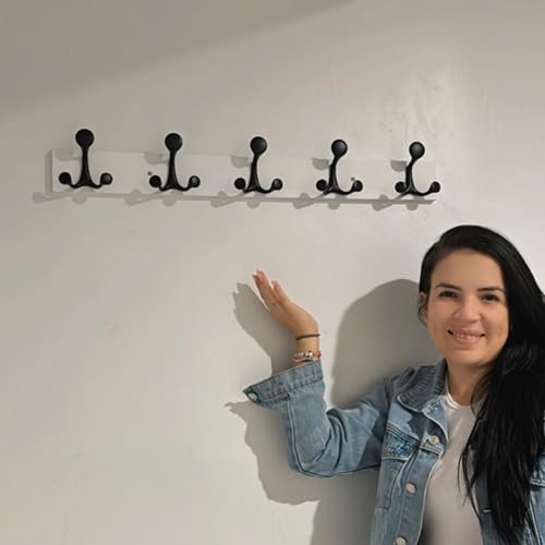 24 Inch White Wood Coat Rack Wall Mount with 5 Triple Hooks