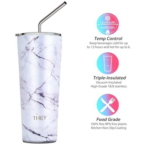 Stainless Steel Vacuum Insulated Tumbler Travel Mug 26 oz Coffee Cup with 2 Lids and Straws
