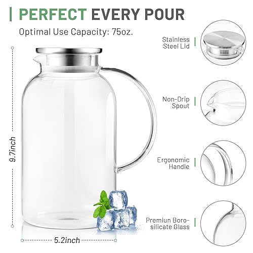 2.2 Liter 75oz Glass Pitcher with Lid