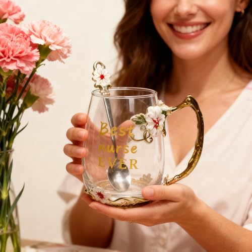 National Nurses Day Flower Glass Cup with Unique Flower Printing and Spoon