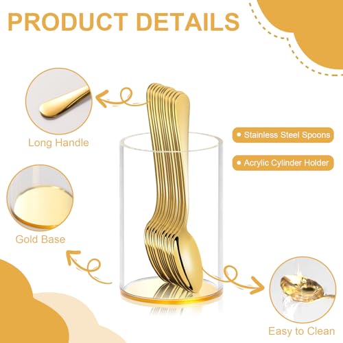 6 Pcs Gold Coffee Spoons with Holder Mini Coffee Spoons Gold 4.7 Inch Demitasse Espresso Spoons Tiny Dessert Spoons Small Tea Spoon Stainless Steel Acrylic Cylinder Holder for Coffee Bar Home Party (6 Count)