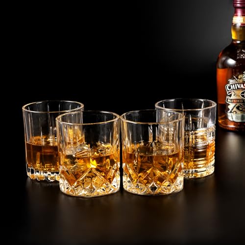 Old Fashioned Whiskey Glasses 3 Designs Bourbon Glass 10 oz Set (4 Count)