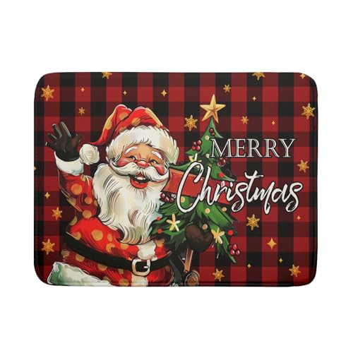 Merry Christmas Santa Claus Red Buffalo Plaid Dish Drying Mat for Kitchen Counter