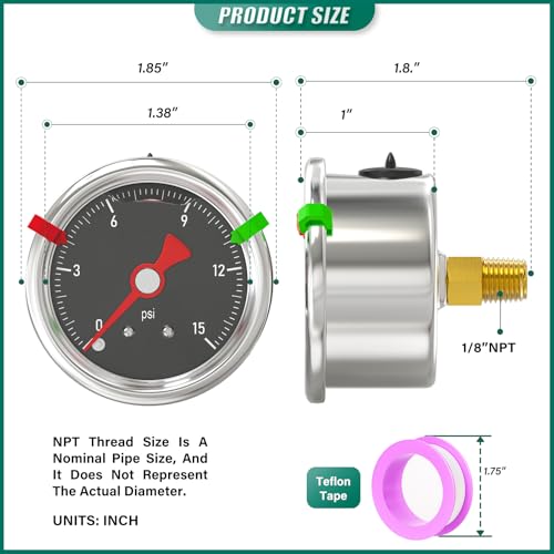 0 15PSI Stainless Steel Glycerin Filled Pressure Gauge 1.5" Black Dial Size