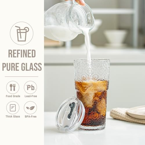 20oz Begonia Flower Glass Tumbler with Bamboo Lid and Straw