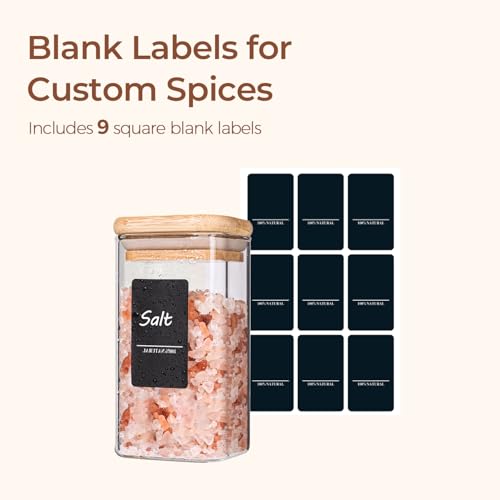 Glass Spice Jars with Labels 10 oz 6 Pack Large Square Bamboo Lids (6 Count)