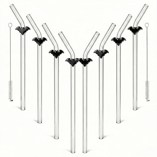 Black Bat Glass Straws with Charms (10 Count)