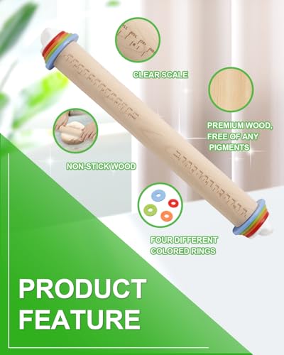 16.7" Wood Rolling Pin with Adjustable Thickness Rings Set (13 Count)
