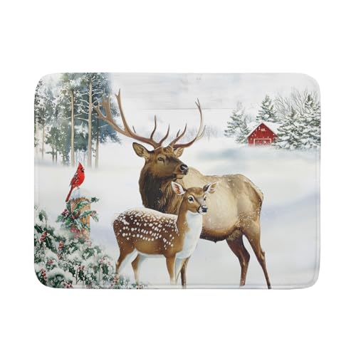 Winter Deer Dish Drying Mat 18"x24" Xmas Tree Bird Holly Berry Dish Drainer Mats Elk Moose Snow Cottage Farmhouse Reversible Large Dish Drying Pad Protector for Kitchen Countertop Decor
