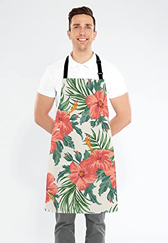 Tropical Leaves and Hawaiian Flower Bib Apron with Adjustable Neck for Men Women