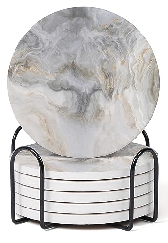 Set of 6 Abstract Gray White Marble Coasters with Holder (6 Count)