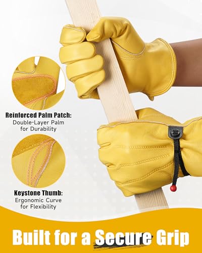 Adjustable Cowhide Leather Work Gloves for Men 1 Pair Golden L