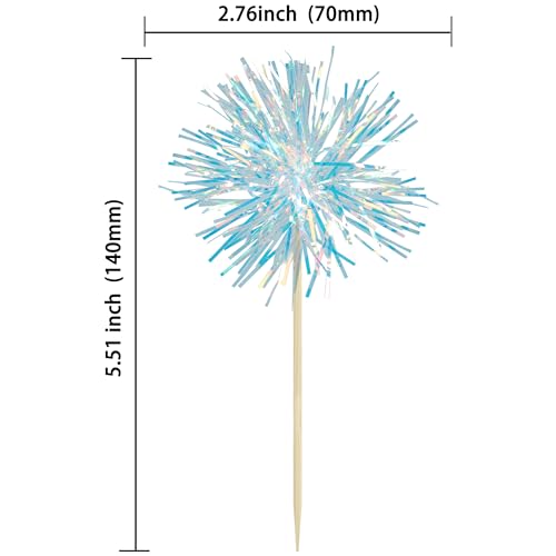 30Pcs Foil Firework Cupcake Toppers Sparkle Tinsel Cake Toppers Tinsel Drink Cake Decoration Cocktail Picks for Birthday Wedding Graduation Party Supplies Laser Blue (30 Count)