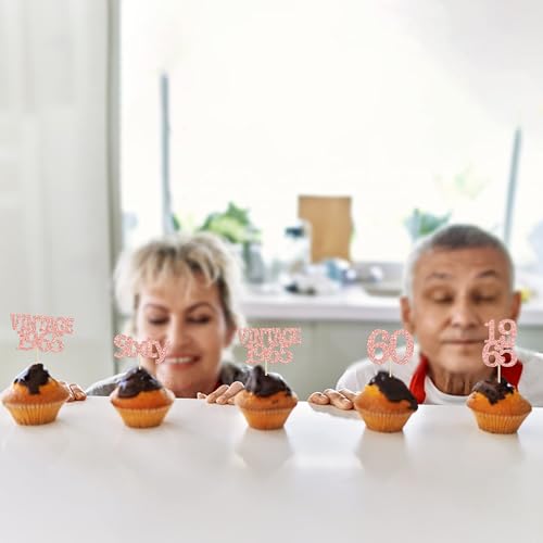 24Pcs 60th Birthday Cupcake Toppers Cheers to 60 Fabulous Sixty Cupcake Picks Vintage 1965 Decorations for 60th Birthday Wedding Anniversary Party Cake Decorations Supplies Rose Gold (24 Count)