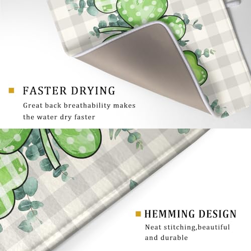 Patrick Dish Drying Mat for Kitchen Green Clovers Grey Buffalo Plaids Dish Drainer Mats 18x24inch Spring Leaf Dish Drying Rack Pad Protector for Countertop Dining Holiday Decor