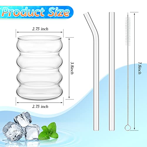 4 Pcs Creative Glass Cups Vintage Drinking Glasses Ribbed Glassware Aesthetic Cup Entertainment Dinnerware Glassware with Straws Set for Kitchen Coffee Beverage