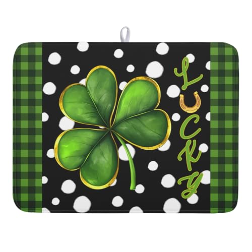 St. Patrick's Day Dish Drying Mats 18x24 Inch Green Clover Shamrock Lucky Kitchen Mat Polka Dot Microfiber Drying Mats Ultra Absorbent Reversible Dishes Drying Rack Pad for Kitchen Countertops