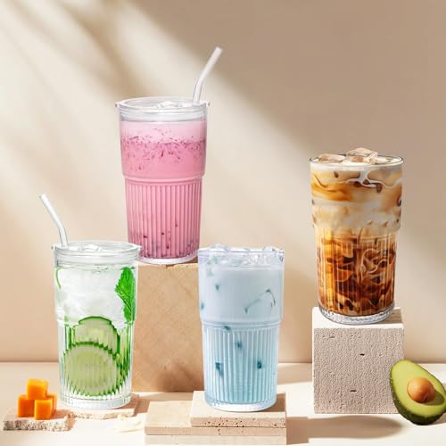 18.5oz Glass Cups with Lids and Straws (20 Count)