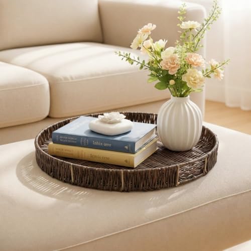 Round Ottoman Tray Large Wicker Serving Tray with Handles