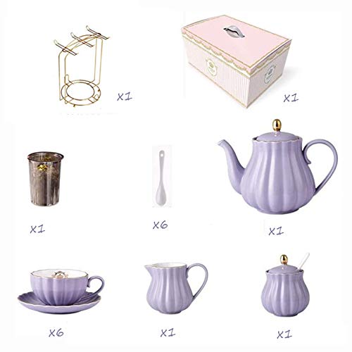 Utility 22 Pieces Ceramic Coffee Tea Gift Sets Porcelain Tea Sets British Royal Series Purple Teapot Sugar Bowl Creamer Pitcher and Teaspoons Teapots