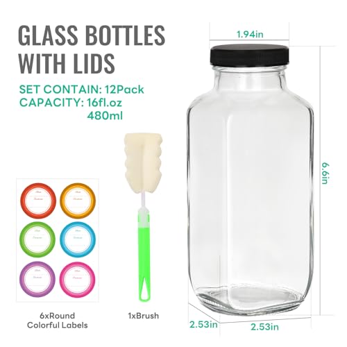 16 oz Glass Juice Bottles with Lids 12 Pack (12 Count)