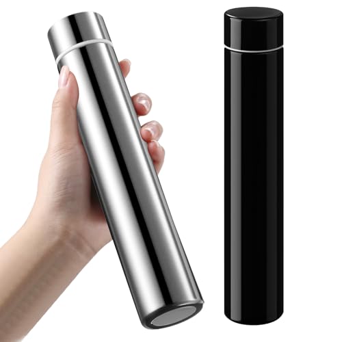 2 Pack Silver Black Slim Stainless Steel Water Bottle 8.8 oz (2 Count)