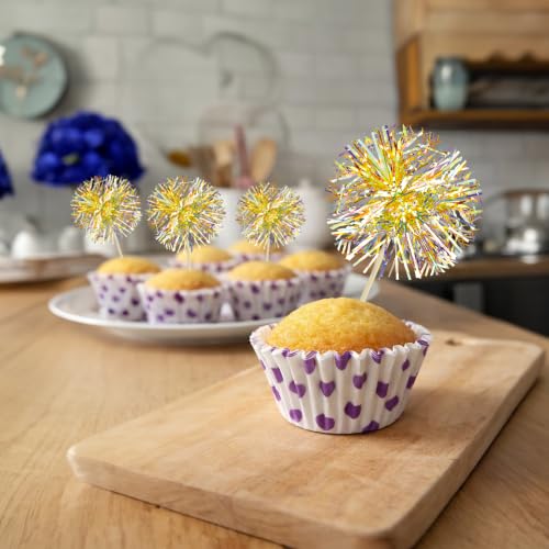 30Pcs Foil Firework Cupcake Toppers Sparkle Tinsel Cake Toppers Tinsel Drink Cake Decoration Cocktail Picks for Halloween Birthday Wedding Graduation Party Supplies Laser Yellow (30 Count)
