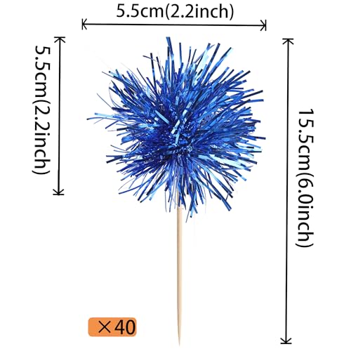 40 PCS Foil Firework Cupcake Toppers Sparkle Tinsel Cupcakae Picks Sparkler Fireworks Party Decorations Cocktail Fruit Toothpick for Birthday Wedding Graduation Party Decorations Supplies Dark Blue (40 Count)