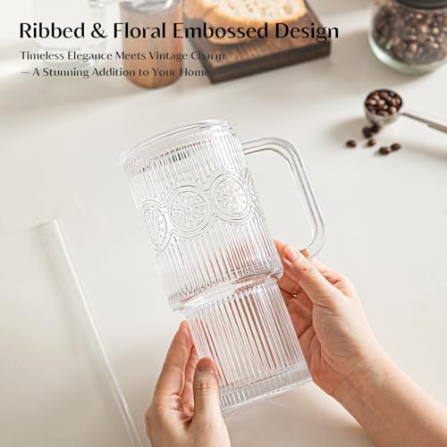 24 oz Ribbed & Floral Glass Tumblers with Handle