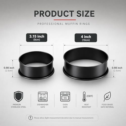 24Packs English Muffin Ring Crumpet Rings Nonstick 4 Inch & 3.15 Inch Stainless Steel Double Rolled Tart Rings Metal Pastry Cooking Ring Molds for Cookie Pastry Baking (24 Count)