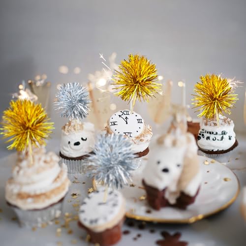 30Pcs Foil Firework Cupcake Toppers Sparkle Tinsel Cake Toppers Tinsel Drink Cake Decoration Cocktail Picks for Birthday Wedding Graduation Party Supplies Gold Silver (30 Count)