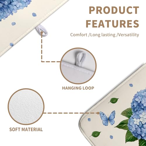 Spring Hydrangea Dish Drying Mats Spring Summer Floral Dish Mat Blue Flowers Butterfly Drying Matt Dishes Dryer Pad for Kitchen Counter Absorbent Microfiber Washable Foldable Reusable 18x24 in