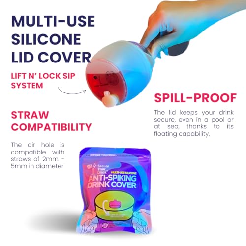 Drink Cover for Cups and Glasses. Multi Use Silicone Anti Spiking Drink Cover Protector With Lift Lock Sip System. Prevent Spiking. No Spill. Reusable and Straw Compatibility