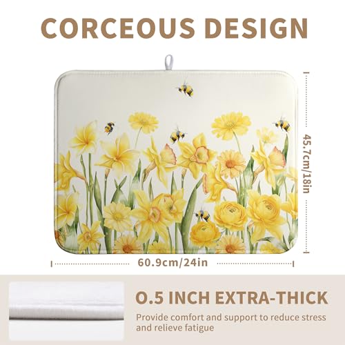Spring Summer Daffodils Dish Drying Mats Spring Yellow Rose Dish Mat Drying Matt Floral Bee Dishes Dryer Pad for Kitchen Counter Absorbent Microfiber Washable Foldable Reusable 18x24 in