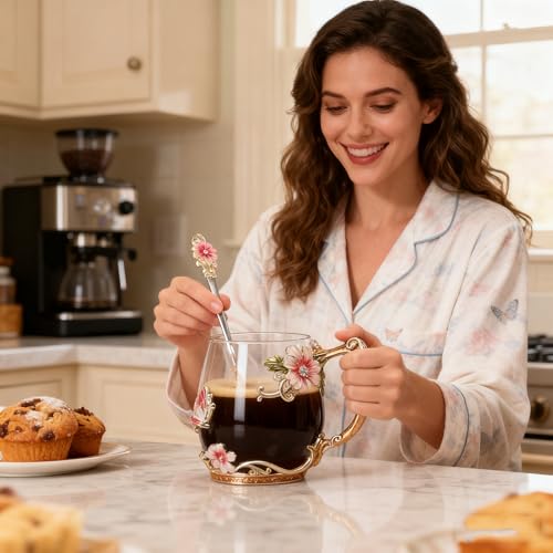 Flower Glass Coffee Tea Cup With Spoon Set Ideal Gifts For Mom Women Christmas Stocking Stuffers Valentine's Day Birthday Gifts For Her Girlfriend Wife Nice Present From Daughter Son
