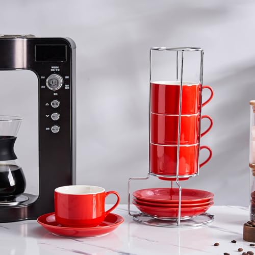 8 Ounce Stackable Cappuccino Cups with Saucers and Metal Stand (4 Count)