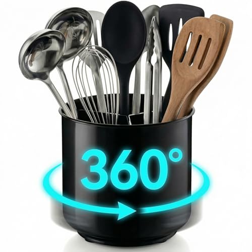 Jumbo Extra Large Sturdy Rotating Black Utensil Holder Caddy with No