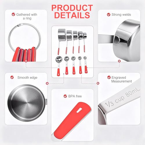 Measuring Cups and Spoons Set Stainless Steel 10 Piece for Cooking and Baking (10 Count)