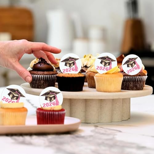 48Pcs Edible 2026 Graduation Cap Cupcake Toppers Wafer Paper Class of 2026 Grad Cap Cupcake Picks for 2026 Graduation Theme Party Cake Decorations Supplies Pink (48 Count)